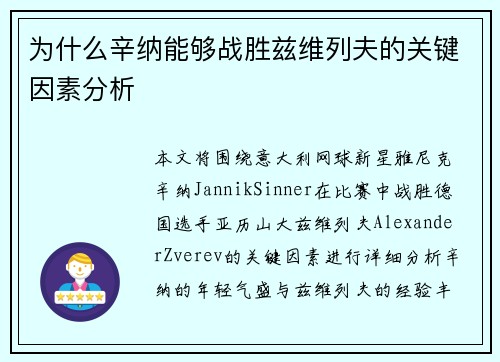 为什么辛纳能够战胜兹维列夫的关键因素分析